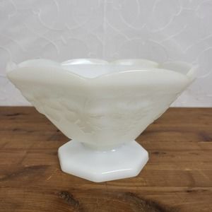 Vintage White Milk Glass Footed Fruit Bowl Vineyard Pattern